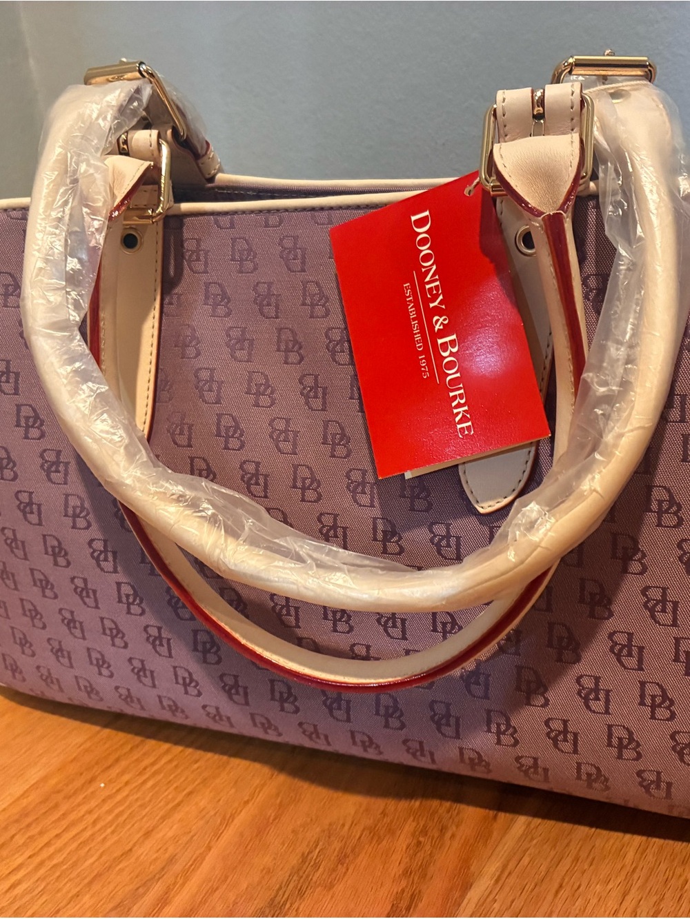 Dooney & Bourke Lavender Signature DB Satchel with Cream Trim